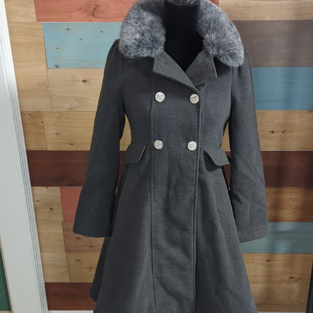 Girl's Gray Wool Double-Breasted Coat with Faux Fur Collar